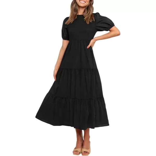 ZESICA Womens 2024 Casual Summer Crew Neck Short Puff Sleeve Smocked High Waist Ruffle Tiered A Line Midi DressBlack