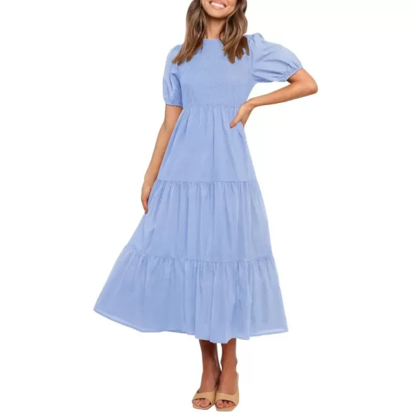 ZESICA Womens 2024 Casual Summer Crew Neck Short Puff Sleeve Smocked High Waist Ruffle Tiered A Line Midi DressBlue