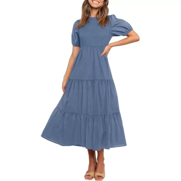 ZESICA Womens 2024 Casual Summer Crew Neck Short Puff Sleeve Smocked High Waist Ruffle Tiered A Line Midi DressDustyblue