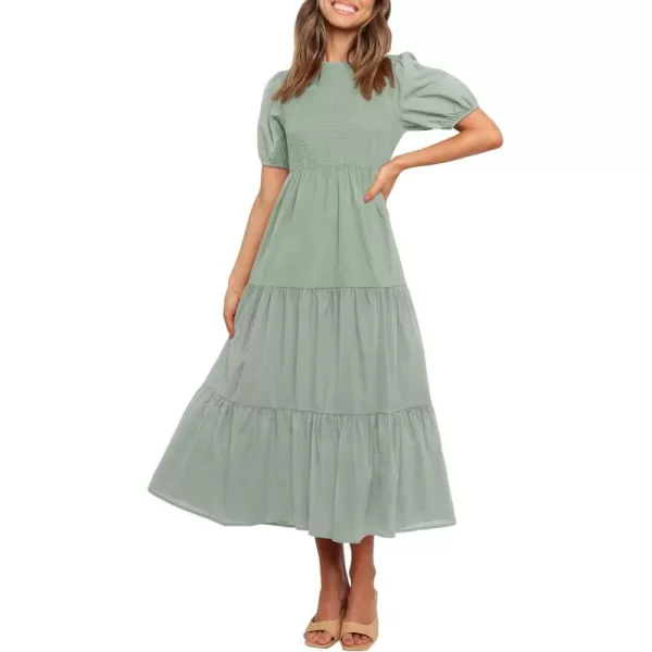 ZESICA Womens 2024 Casual Summer Crew Neck Short Puff Sleeve Smocked High Waist Ruffle Tiered A Line Midi DressDustygreen