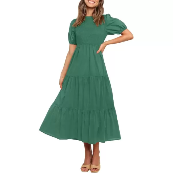 ZESICA Womens 2024 Casual Summer Crew Neck Short Puff Sleeve Smocked High Waist Ruffle Tiered A Line Midi DressForestgreen