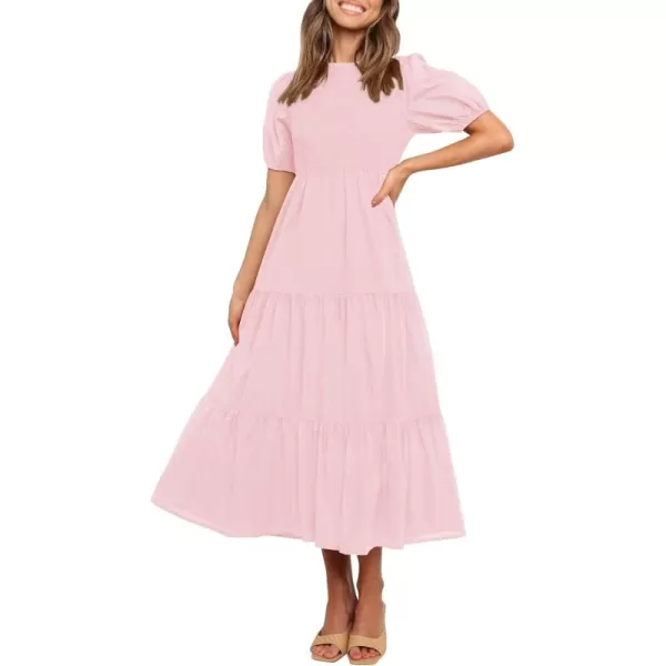 ZESICA Womens 2024 Casual Summer Crew Neck Short Puff Sleeve Smocked High Waist Ruffle Tiered A Line Midi DressLightpink