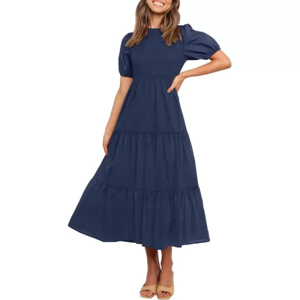 ZESICA Womens 2024 Casual Summer Crew Neck Short Puff Sleeve Smocked High Waist Ruffle Tiered A Line Midi DressNavy