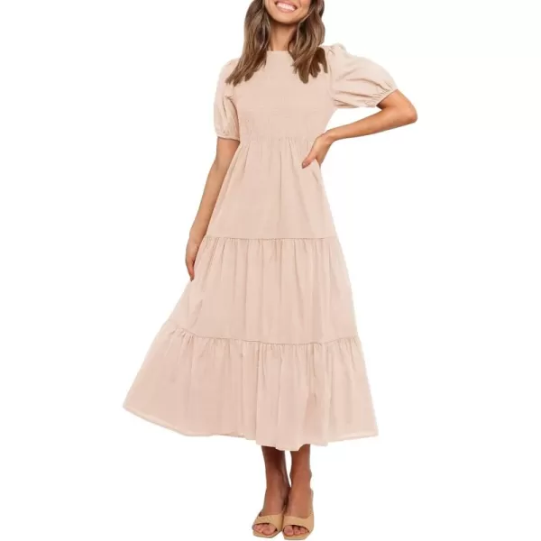 ZESICA Womens 2024 Casual Summer Crew Neck Short Puff Sleeve Smocked High Waist Ruffle Tiered A Line Midi DressPink