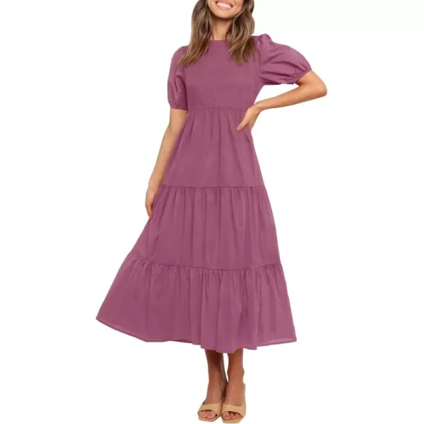 ZESICA Womens 2024 Casual Summer Crew Neck Short Puff Sleeve Smocked High Waist Ruffle Tiered A Line Midi DressPlum