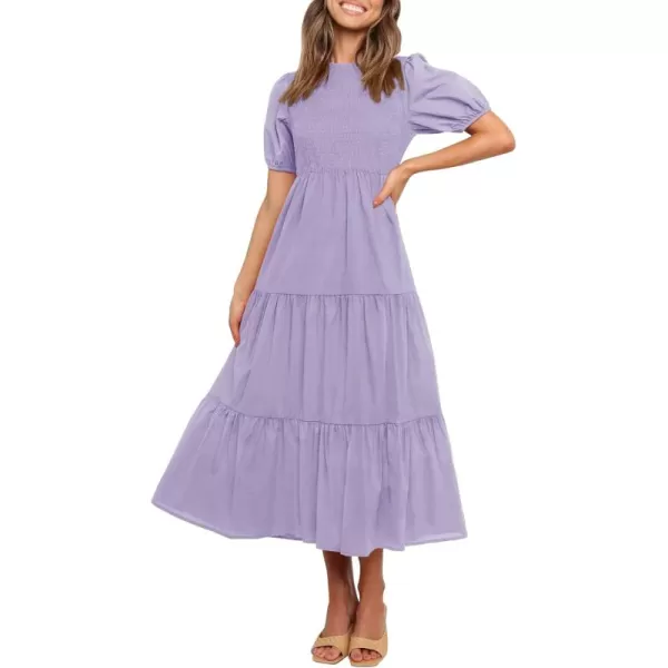 ZESICA Womens 2024 Casual Summer Crew Neck Short Puff Sleeve Smocked High Waist Ruffle Tiered A Line Midi DressPurple