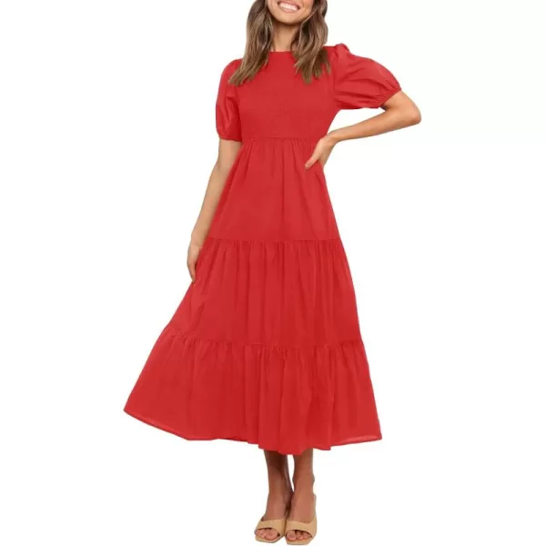 ZESICA Womens 2024 Casual Summer Crew Neck Short Puff Sleeve Smocked High Waist Ruffle Tiered A Line Midi DressRed