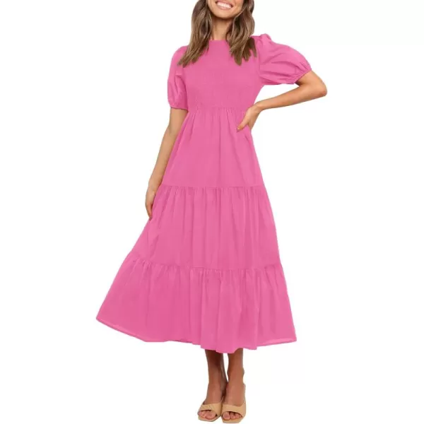 ZESICA Womens 2024 Casual Summer Crew Neck Short Puff Sleeve Smocked High Waist Ruffle Tiered A Line Midi DressRose