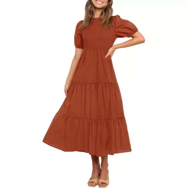ZESICA Womens 2024 Casual Summer Crew Neck Short Puff Sleeve Smocked High Waist Ruffle Tiered A Line Midi DressRust
