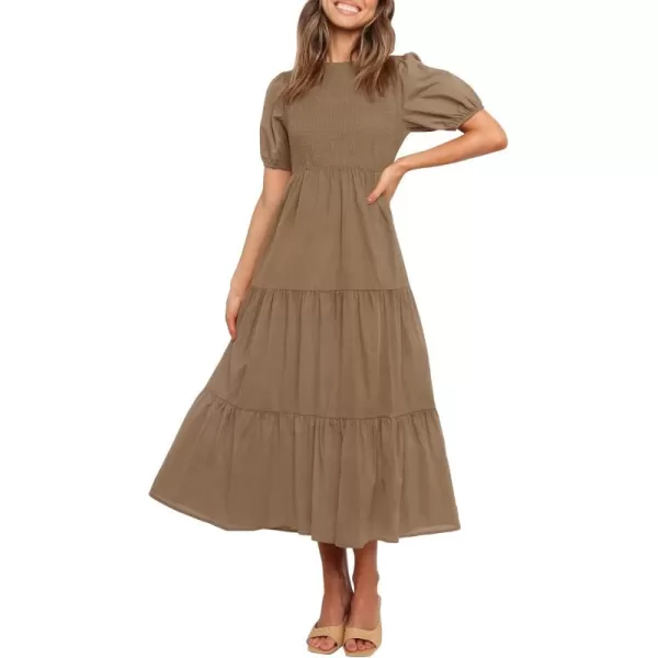 ZESICA Womens 2024 Casual Summer Crew Neck Short Puff Sleeve Smocked High Waist Ruffle Tiered A Line Midi DressTan