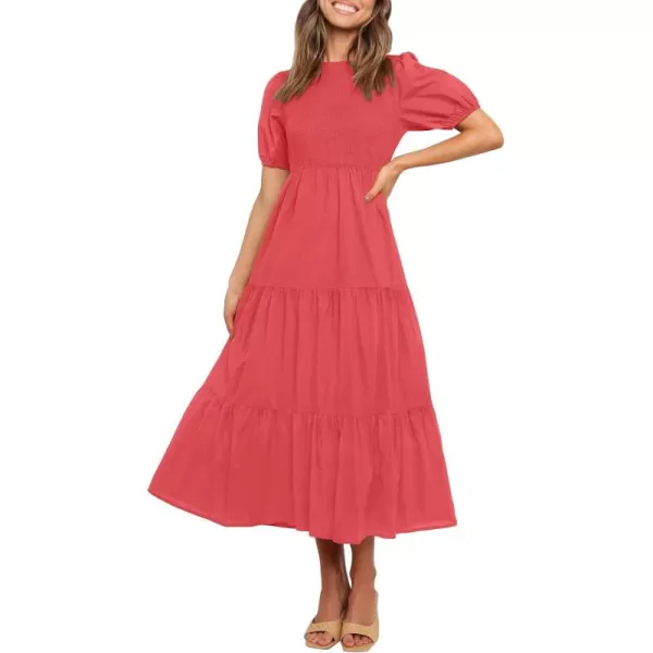 ZESICA Womens 2024 Casual Summer Crew Neck Short Puff Sleeve Smocked High Waist Ruffle Tiered A Line Midi DressWatermelon