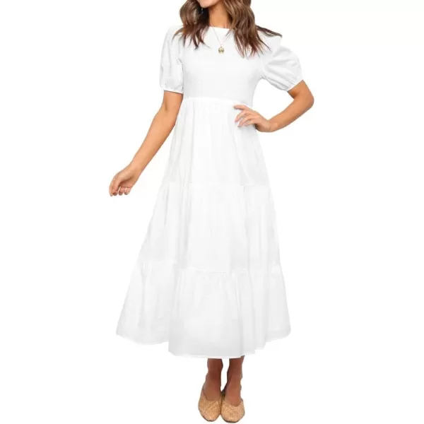 ZESICA Womens 2024 Casual Summer Crew Neck Short Puff Sleeve Smocked High Waist Ruffle Tiered A Line Midi DressWhite