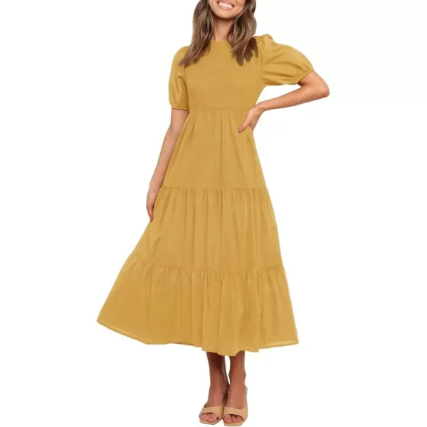 ZESICA Womens 2024 Casual Summer Crew Neck Short Puff Sleeve Smocked High Waist Ruffle Tiered A Line Midi DressYellow
