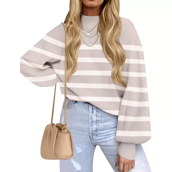 ZESICA Womens 2024 Fall Fashion Turtleneck Long Sleeve Striped Ribbed Knit Loose Pullover Sweater TopsAlmond
