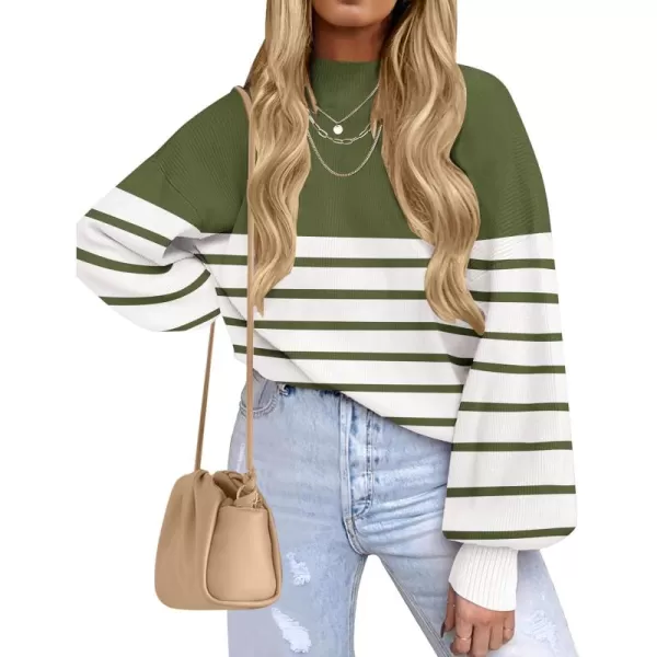 ZESICA Womens 2024 Fall Fashion Turtleneck Long Sleeve Striped Ribbed Knit Loose Pullover Sweater TopsArmygreen
