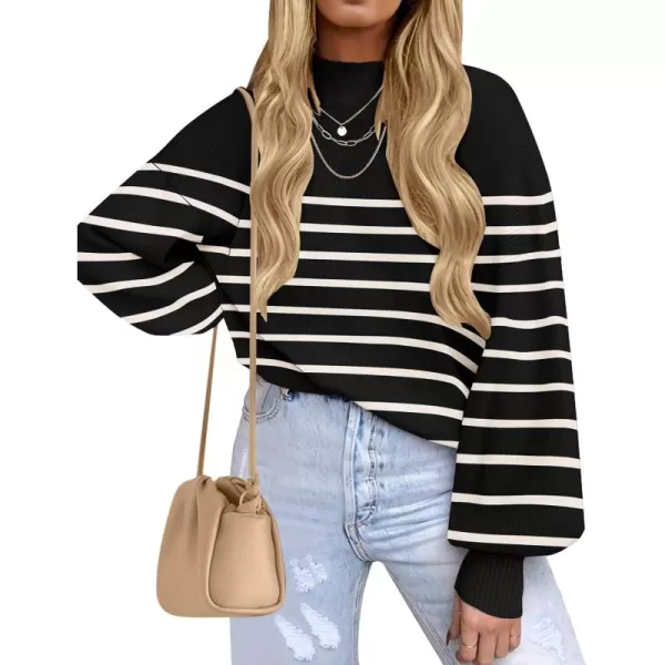 ZESICA Womens 2024 Fall Fashion Turtleneck Long Sleeve Striped Ribbed Knit Loose Pullover Sweater TopsBlack