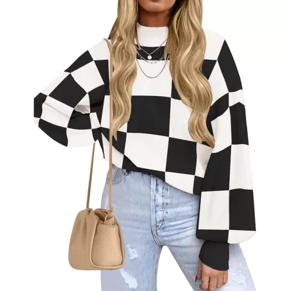 ZESICA Womens 2024 Fall Fashion Turtleneck Long Sleeve Striped Ribbed Knit Loose Pullover Sweater TopsBlackplaid