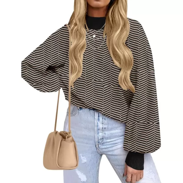 ZESICA Womens 2024 Fall Fashion Turtleneck Long Sleeve Striped Ribbed Knit Loose Pullover Sweater TopsBrownstripe