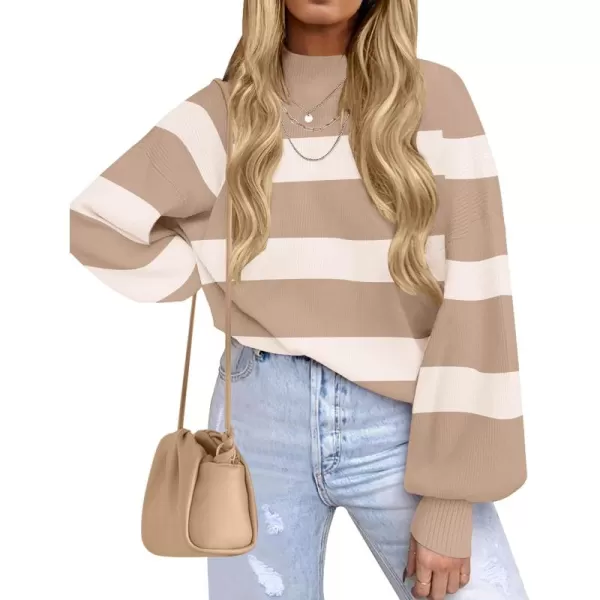 ZESICA Womens 2024 Fall Fashion Turtleneck Long Sleeve Striped Ribbed Knit Loose Pullover Sweater TopsCamel