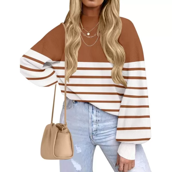 ZESICA Womens 2024 Fall Fashion Turtleneck Long Sleeve Striped Ribbed Knit Loose Pullover Sweater TopsCaramel