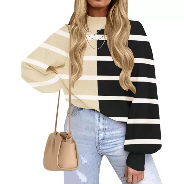 ZESICA Womens 2024 Fall Fashion Turtleneck Long Sleeve Striped Ribbed Knit Loose Pullover Sweater TopsCream