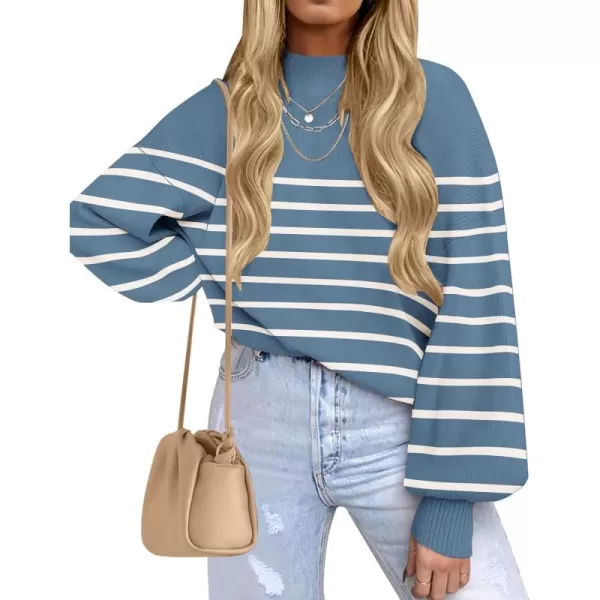 ZESICA Womens 2024 Fall Fashion Turtleneck Long Sleeve Striped Ribbed Knit Loose Pullover Sweater TopsDarkblue
