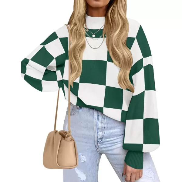 ZESICA Womens 2024 Fall Fashion Turtleneck Long Sleeve Striped Ribbed Knit Loose Pullover Sweater TopsDarkgreenplaid