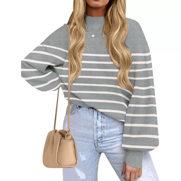 ZESICA Womens 2024 Fall Fashion Turtleneck Long Sleeve Striped Ribbed Knit Loose Pullover Sweater TopsGrey