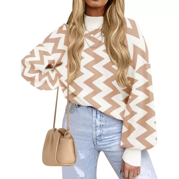 ZESICA Womens 2024 Fall Fashion Turtleneck Long Sleeve Striped Ribbed Knit Loose Pullover Sweater TopsKhaki