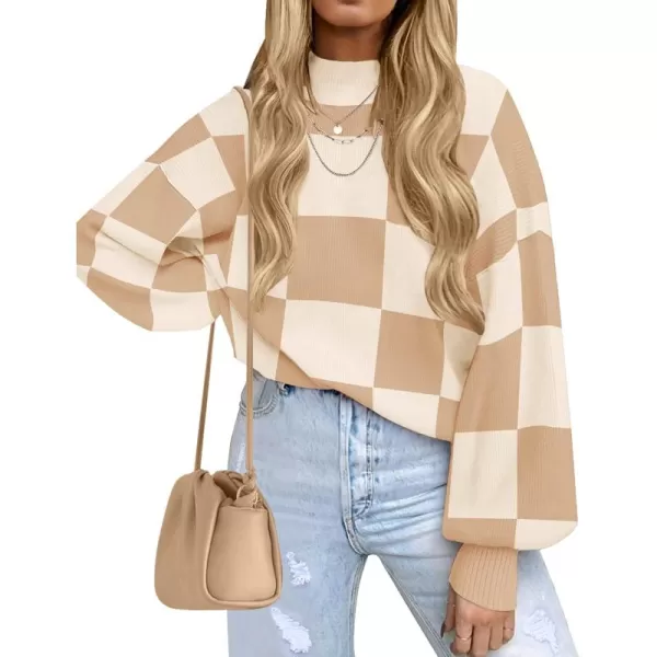 ZESICA Womens 2024 Fall Fashion Turtleneck Long Sleeve Striped Ribbed Knit Loose Pullover Sweater TopsKhakiplaid