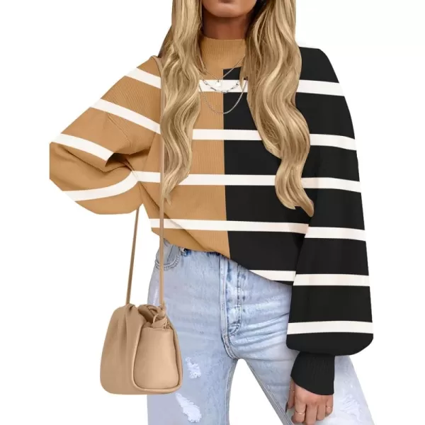 ZESICA Womens 2024 Fall Fashion Turtleneck Long Sleeve Striped Ribbed Knit Loose Pullover Sweater TopsLightkhaki