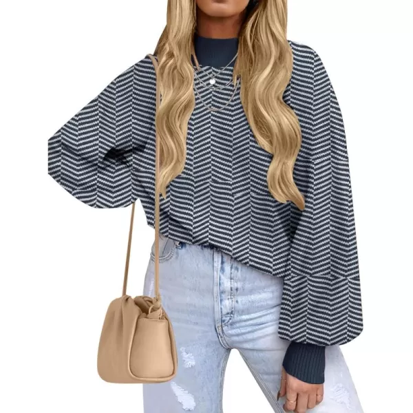 ZESICA Womens 2024 Fall Fashion Turtleneck Long Sleeve Striped Ribbed Knit Loose Pullover Sweater TopsNavystripe