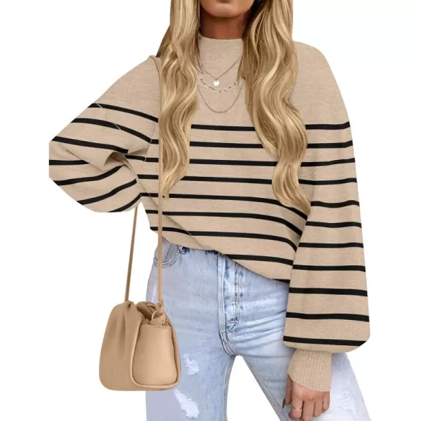 ZESICA Womens 2024 Fall Fashion Turtleneck Long Sleeve Striped Ribbed Knit Loose Pullover Sweater TopsOatmeal
