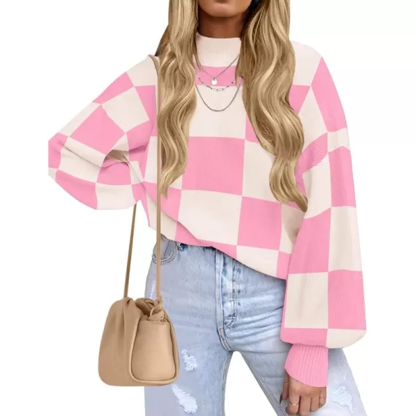 ZESICA Womens 2024 Fall Fashion Turtleneck Long Sleeve Striped Ribbed Knit Loose Pullover Sweater TopsPinkplaid