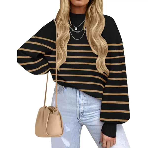 ZESICA Womens 2024 Fall Fashion Turtleneck Long Sleeve Striped Ribbed Knit Loose Pullover Sweater TopsTaupe