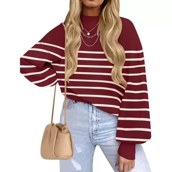 ZESICA Womens 2024 Fall Fashion Turtleneck Long Sleeve Striped Ribbed Knit Loose Pullover Sweater TopsWine
