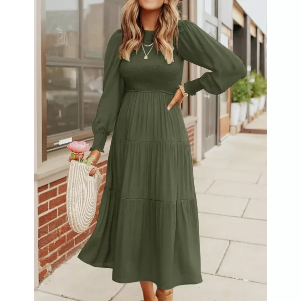 ZESICA Womens 2024 Casual Long Sleeve Crew Neck High Waist Smocked Flowy Tiered Midi DressArmygreen