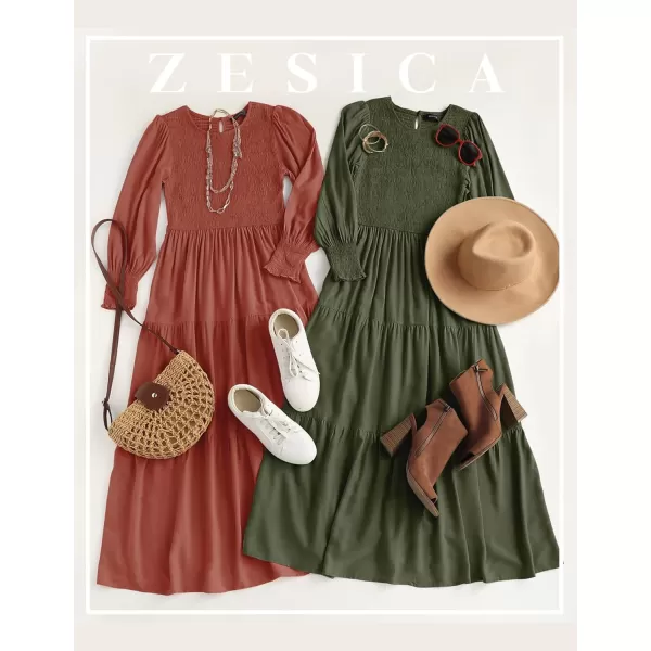 ZESICA Womens 2024 Casual Long Sleeve Crew Neck High Waist Smocked Flowy Tiered Midi DressArmygreen