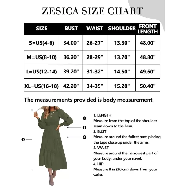 ZESICA Womens 2024 Casual Long Sleeve Crew Neck High Waist Smocked Flowy Tiered Midi DressArmygreen