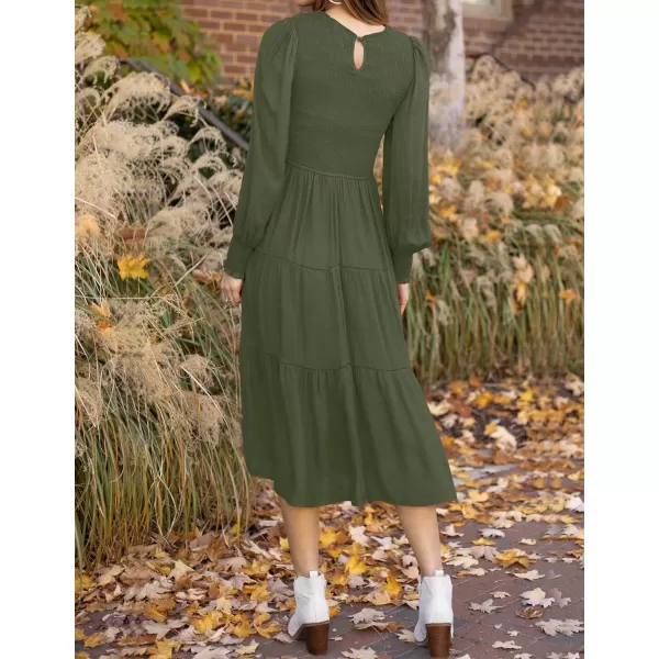 ZESICA Womens 2024 Casual Long Sleeve Crew Neck High Waist Smocked Flowy Tiered Midi DressArmygreen