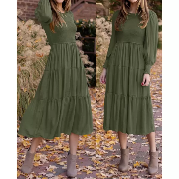 ZESICA Womens 2024 Casual Long Sleeve Crew Neck High Waist Smocked Flowy Tiered Midi DressArmygreen