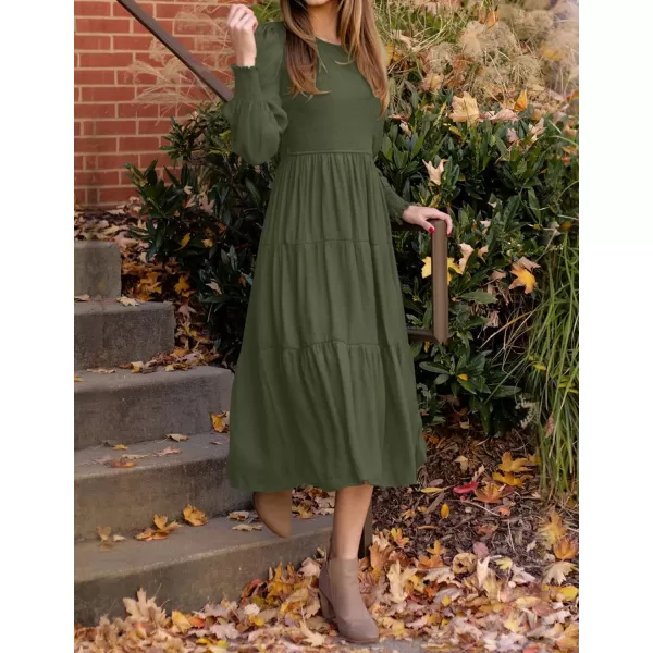 ZESICA Womens 2024 Casual Long Sleeve Crew Neck High Waist Smocked Flowy Tiered Midi DressArmygreen