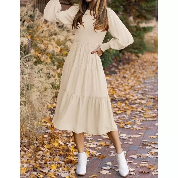 ZESICA Womens 2024 Casual Long Sleeve Crew Neck High Waist Smocked Flowy Tiered Midi DressBeige