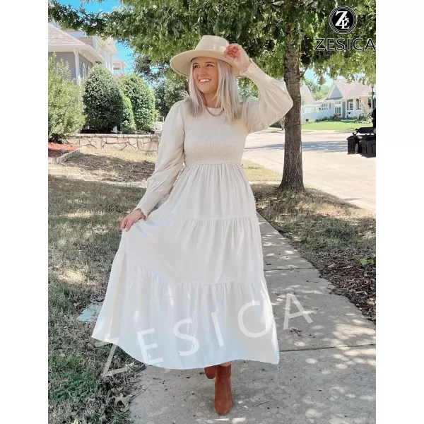 ZESICA Womens 2024 Casual Long Sleeve Crew Neck High Waist Smocked Flowy Tiered Midi DressBeige