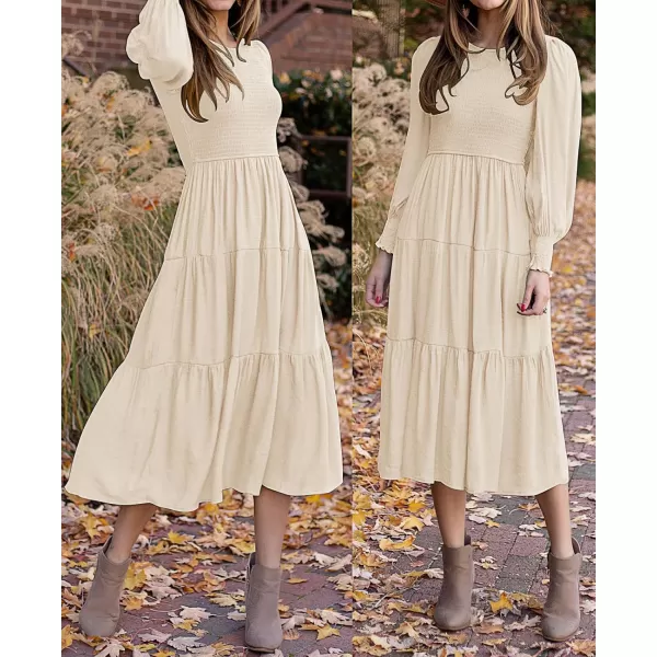 ZESICA Womens 2024 Casual Long Sleeve Crew Neck High Waist Smocked Flowy Tiered Midi DressBeige