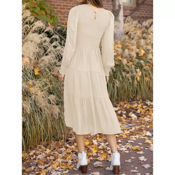 ZESICA Womens 2024 Casual Long Sleeve Crew Neck High Waist Smocked Flowy Tiered Midi DressBeige