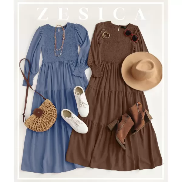 ZESICA Womens 2024 Casual Long Sleeve Crew Neck High Waist Smocked Flowy Tiered Midi DressCoffee
