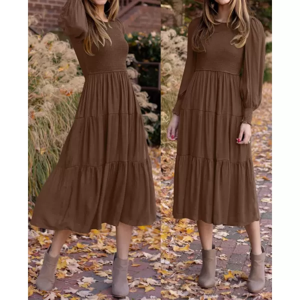 ZESICA Womens 2024 Casual Long Sleeve Crew Neck High Waist Smocked Flowy Tiered Midi DressCoffee