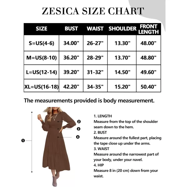 ZESICA Womens 2024 Casual Long Sleeve Crew Neck High Waist Smocked Flowy Tiered Midi DressCoffee
