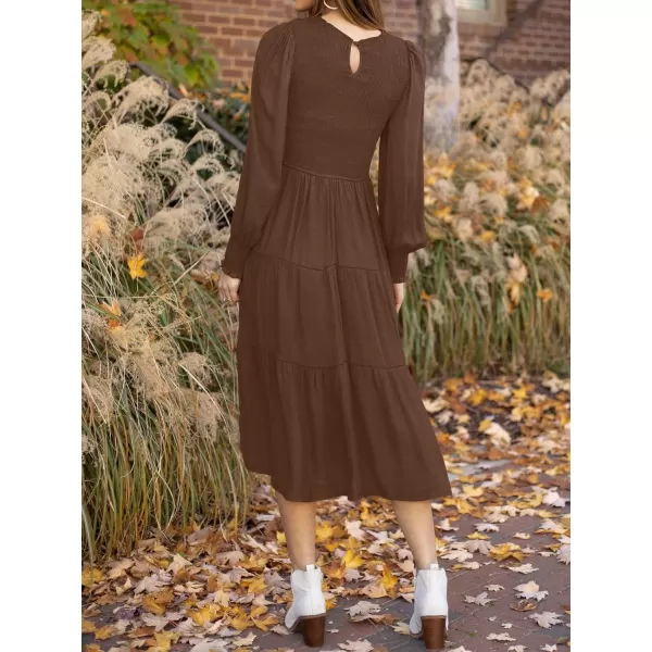 ZESICA Womens 2024 Casual Long Sleeve Crew Neck High Waist Smocked Flowy Tiered Midi DressCoffee